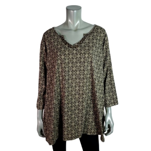 White Stag Top Plus Size 3X 22W 24W Beaded Stretch V-Neck 3/4 Sleeve Brown - Picture 1 of 5